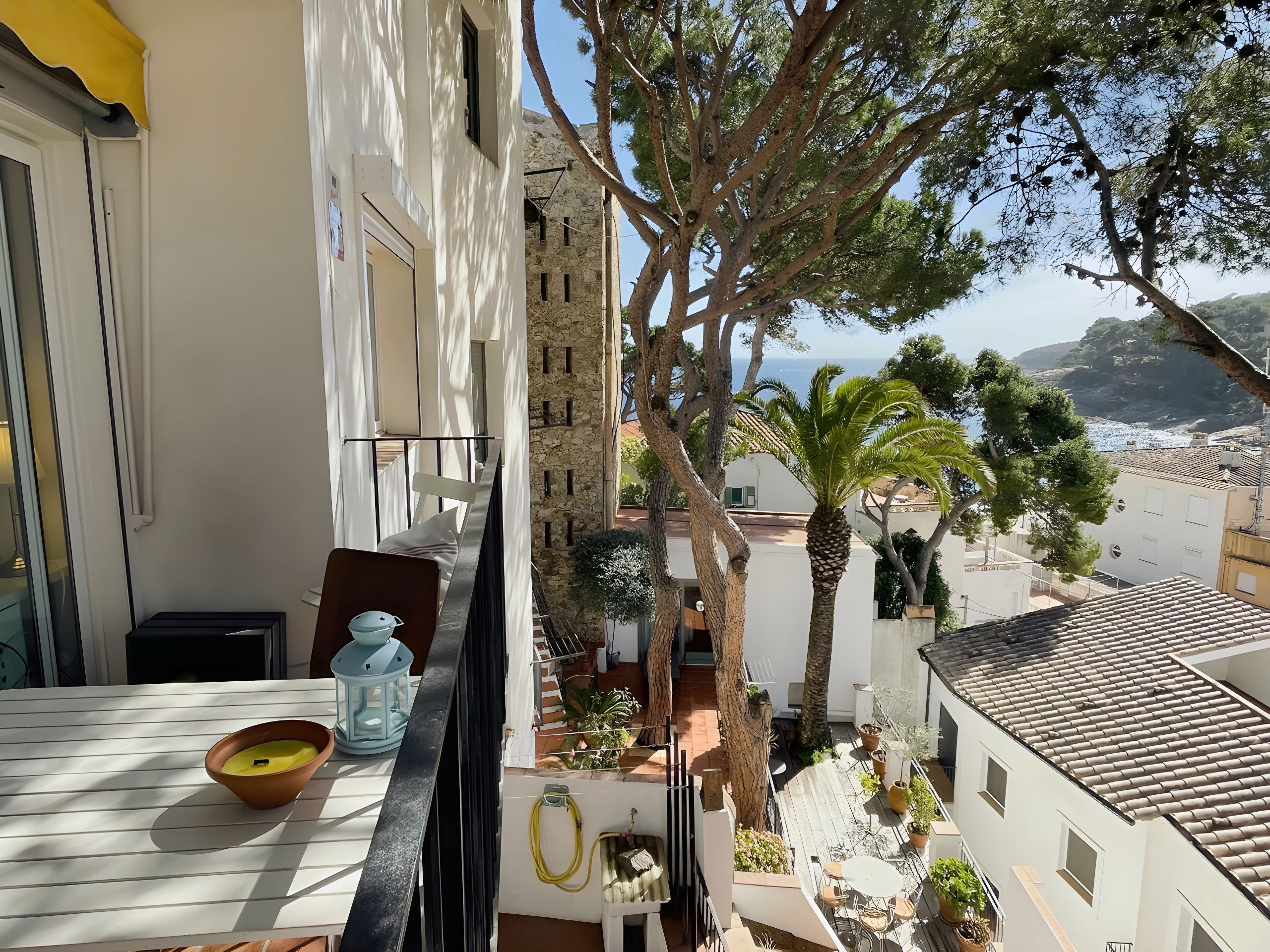 The living area features a comfortable sofa bed, a flat-screen television, and a small, stylish side table. The large window provides a beautiful view of the surrounding trees and the balcony beyond. It is a very luminous space.