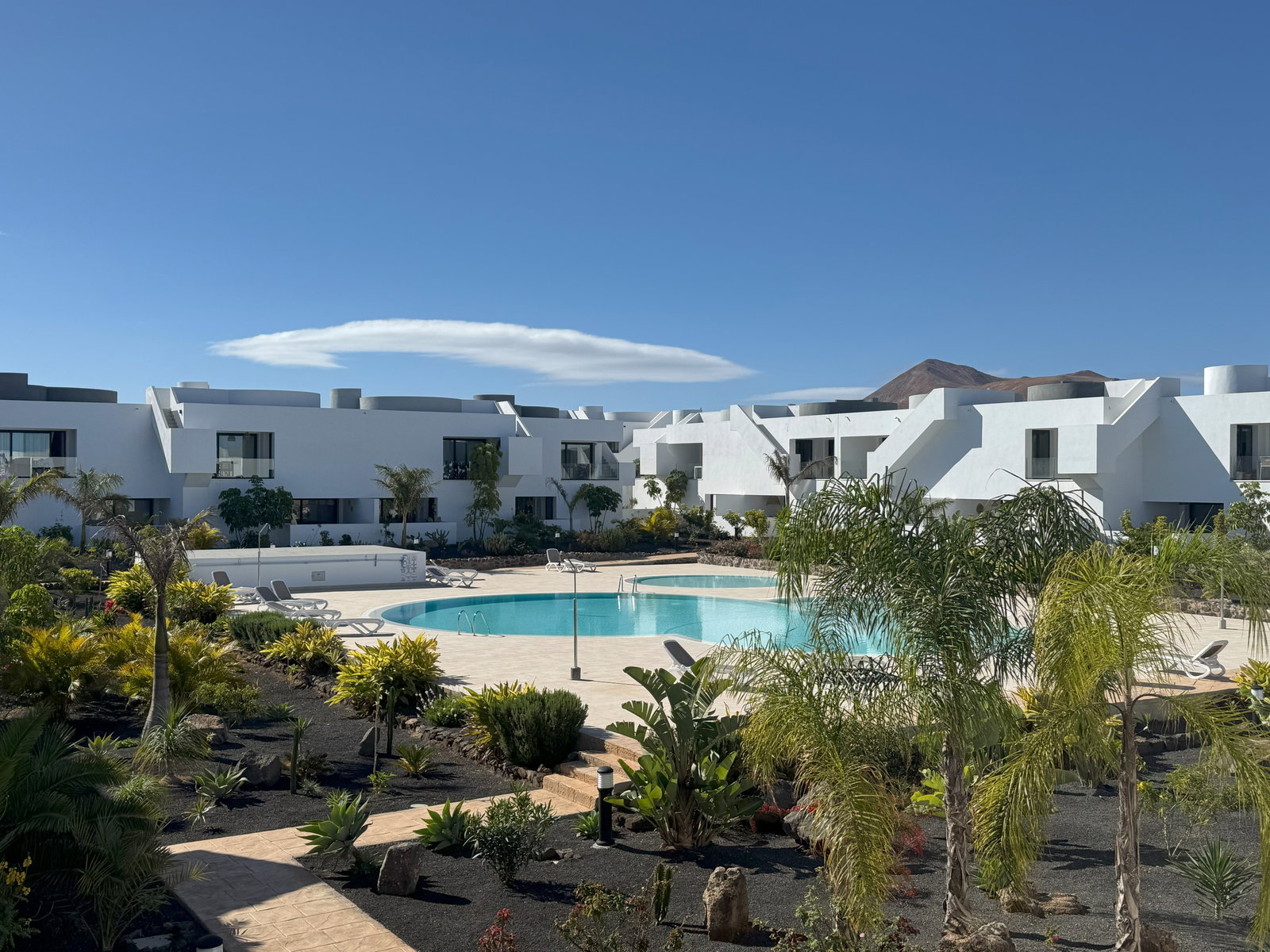 Profitez de la vue sur la piscine commune et les jardins luxuriants depuis cet appartement moderne au style typiquement canarien.