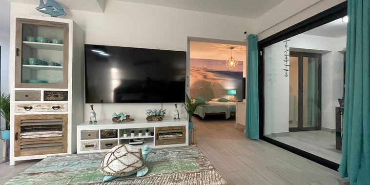 Le salon lumineux, décoré sur le thème de la mer, s'ouvre sur une chambre apaisante et une terrasse. Un grand écran invite à la détente.