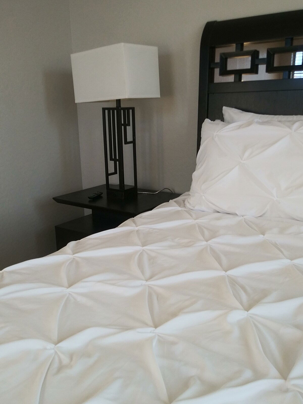 Luxury linen and a king-sized bed in the primary  bedroom. Dark colored furniture with geometric patterns adds a modern touch of elegance to the spacious bedroom. 43" wall mounted television, a ceiling fan, and 110 AC outlet on the nightstand lamps