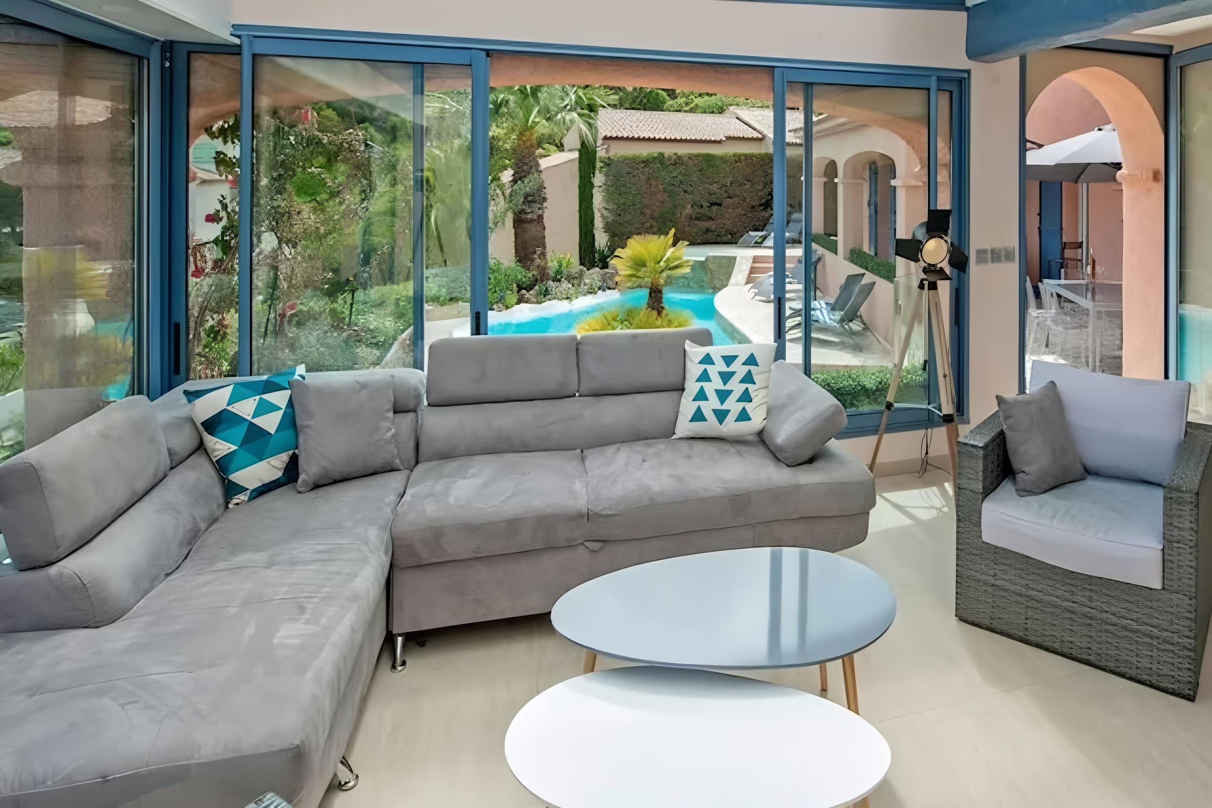 Enjoy a refreshing dip in the private pool, surrounded by lush greenery and the villa's charming stone patio. Relax on one of the lounge chairs and soak in the stunning view of the surrounding hills and the Mediterranean Sea in the distance.  The pool can be heated for an additional charge, making it ideal for a swim any time of year.  The villa is perfect for large families, with ample space for everyone to enjoy the beautiful surroundings.