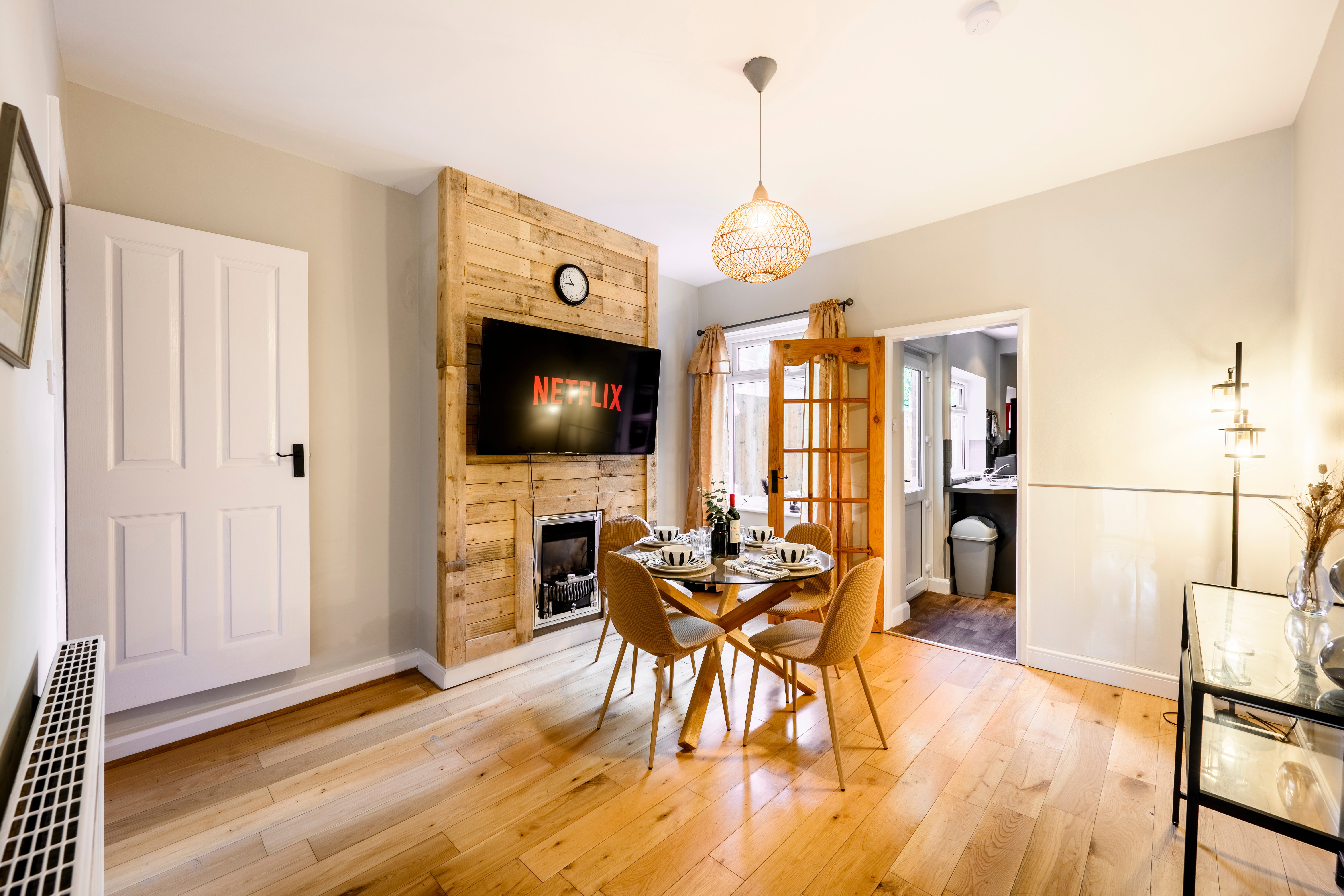 The dining room flows through to the kitchen and garden, keeping the ground floor open and sociable. Ideal for families or work crews sitting down to a proper meal together at the end of the day.