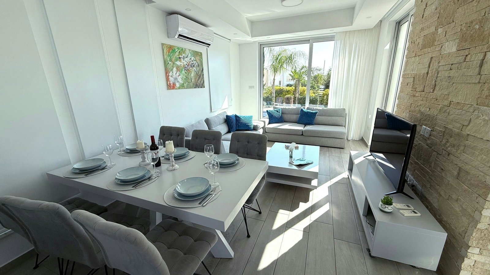 Dining Room area with living room and pool view