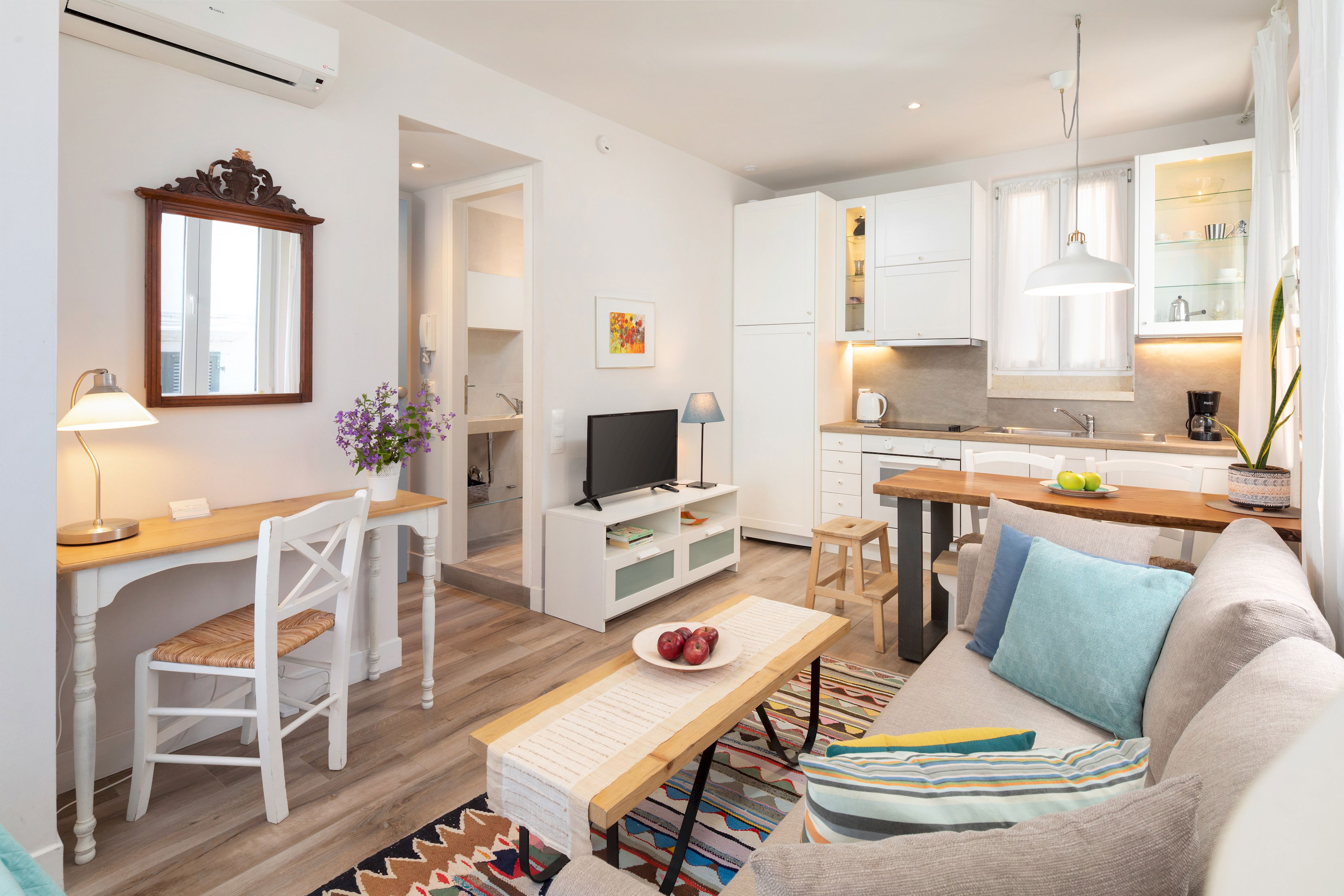 "Unwind on the plush sofa and catch up on your favorite book or TV show."