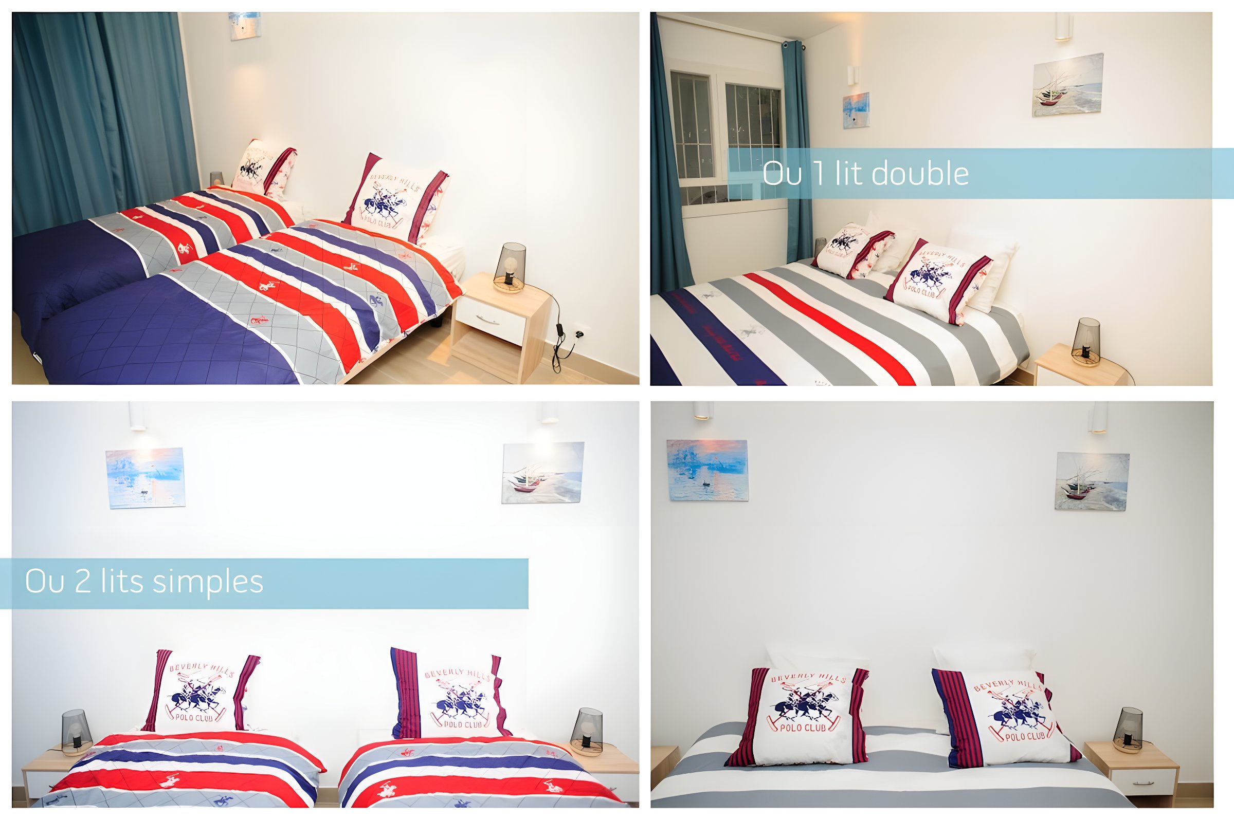 Enjoy a beautiful bedroom with the possibility of having a choice of 2 single beds with quilted slatted bed base or 1 double bed 180 cm wide for an optimal sleep