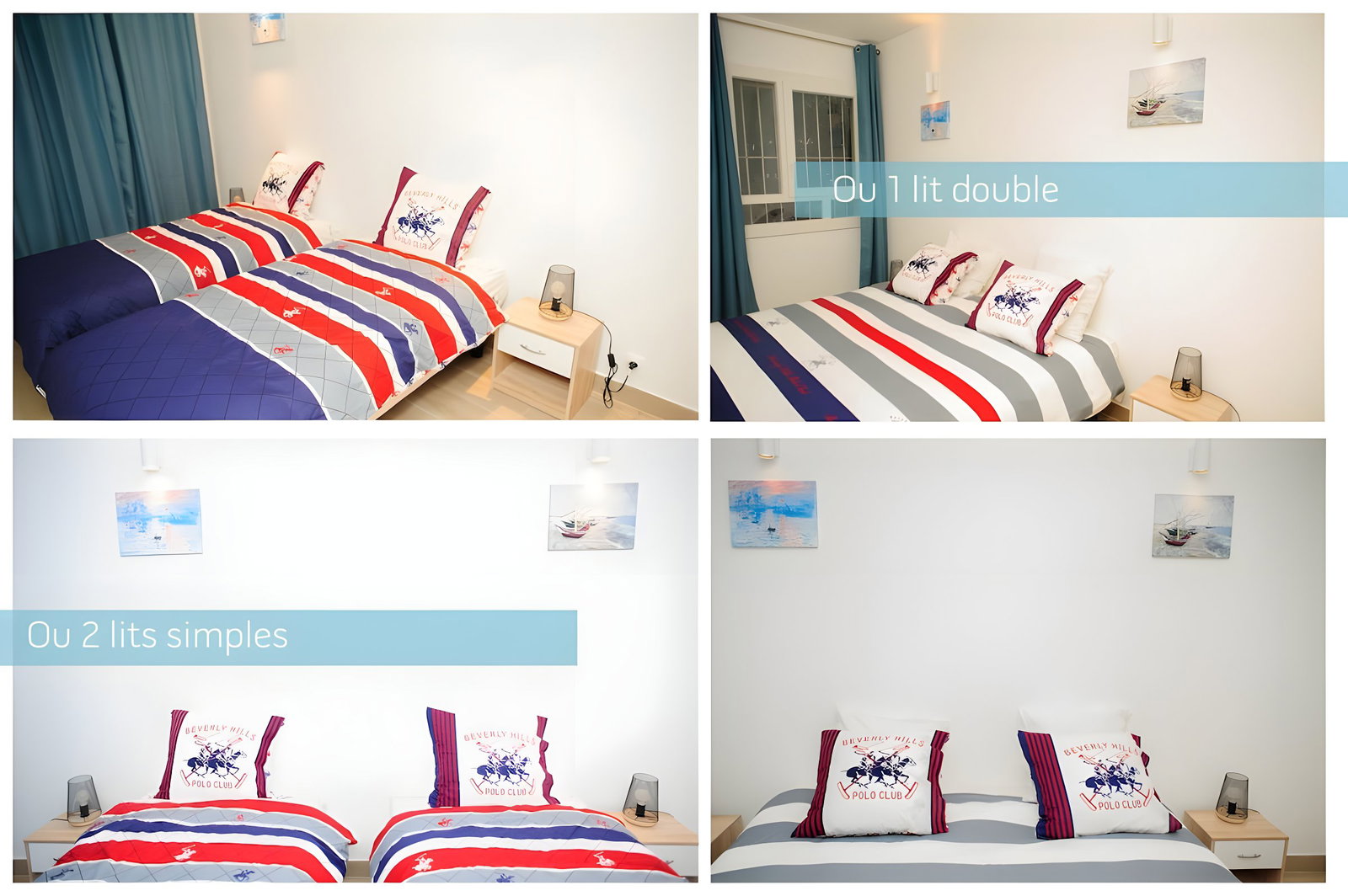 Enjoy a beautiful bedroom with the possibility of having a choice of 2 single beds with quilted slatted bed base or 1 double bed 180 cm wide for an optimal sleep