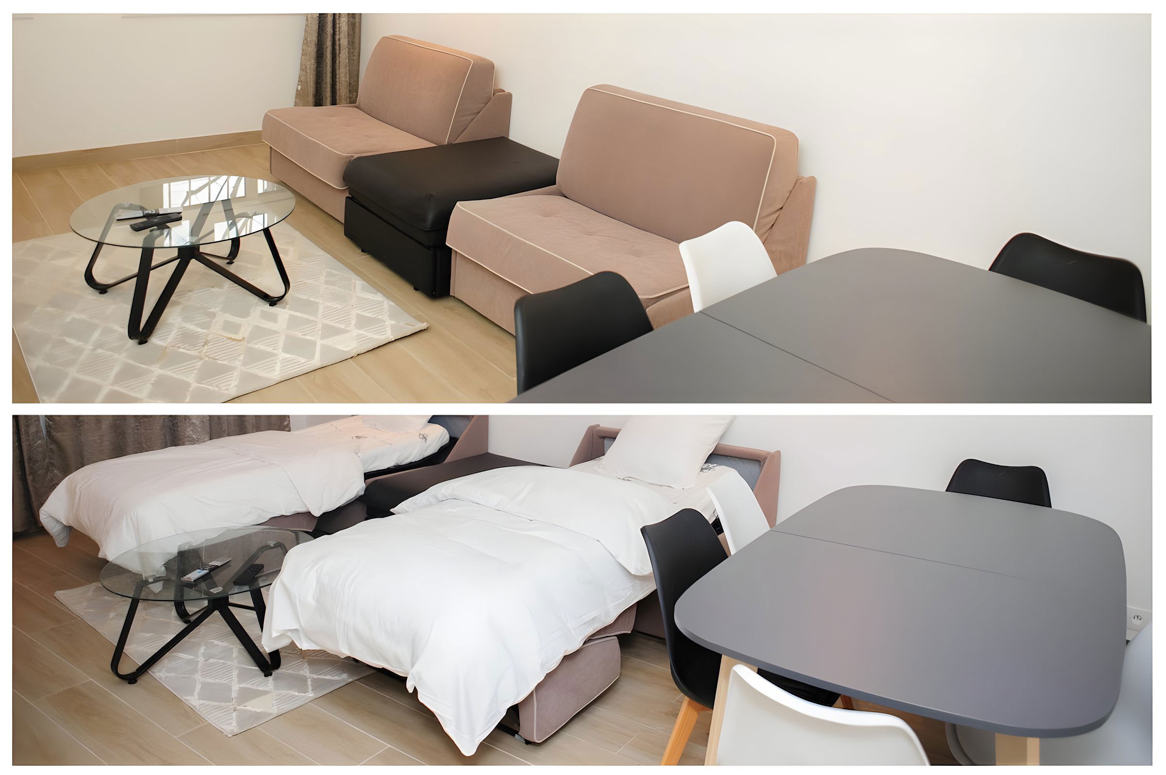 You have 2 high quality single sofa beds (the home of the convertible). It's very easy to unfold 
The middle black pouf is also a slatted sofa bed (brand vallentuna) that also offers a very comfortable bed
