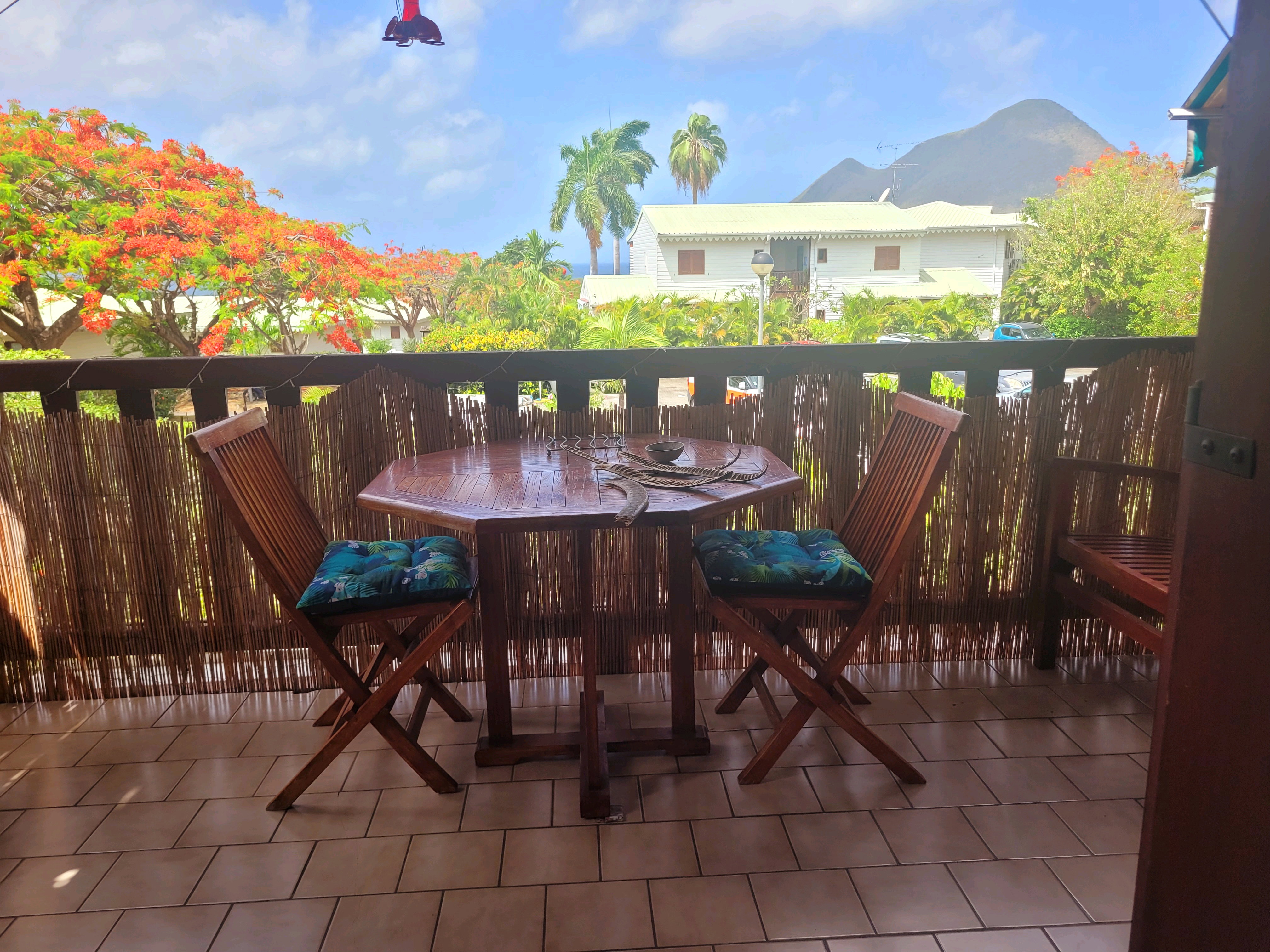 Votre café face au Rocher du Diamant ! Profitez de ce balcon privé pour vos apéritifs. Une vue carte postale entre mer et flamboyants, avec piscine dans la résidence et la plage à 5 min à pied. Le spot idéal