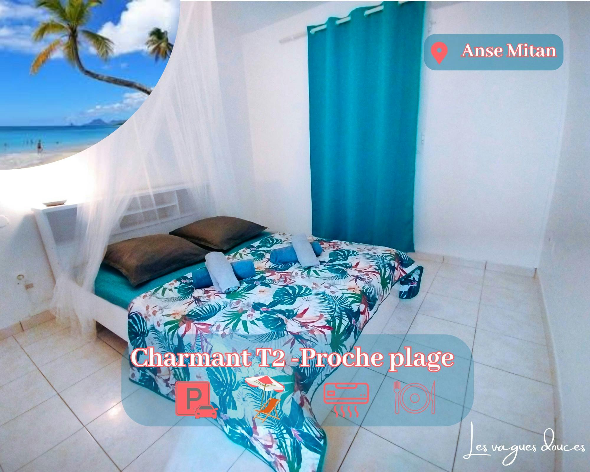 Chambre avec lit 140, lampe de chevet, climatisation, placard, fenêtre avec volets. Confort simple et pratique.