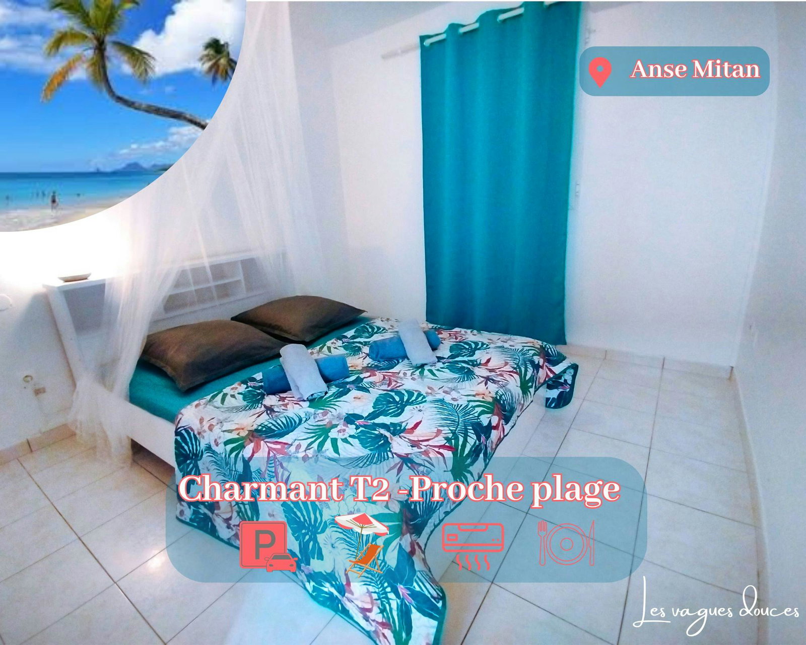 Chambre avec lit 140, lampe de chevet, climatisation, placard, fenêtre avec volets. Confort simple et pratique.