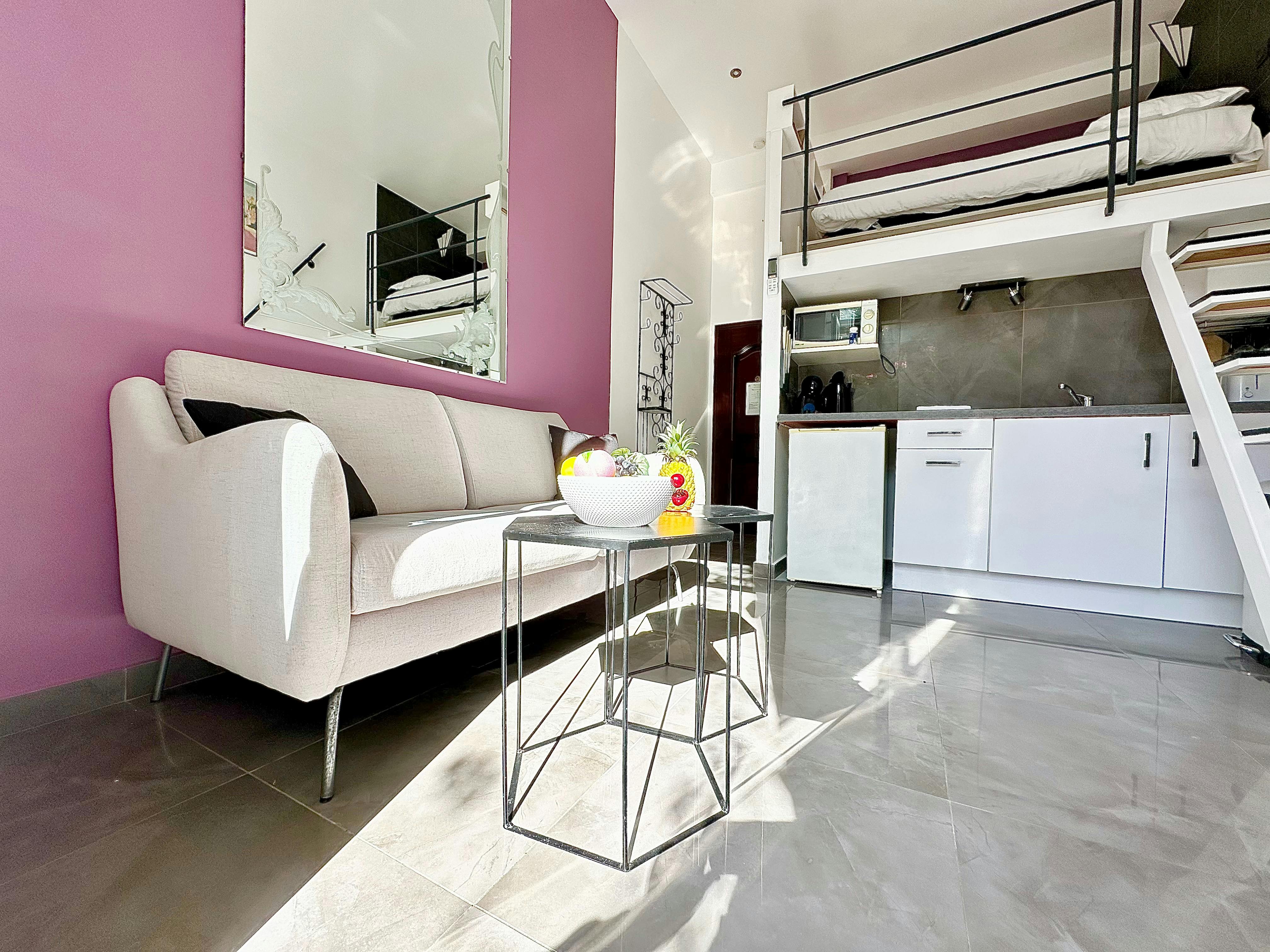 On the first floor of a period building, this elegant studio apartment with a...