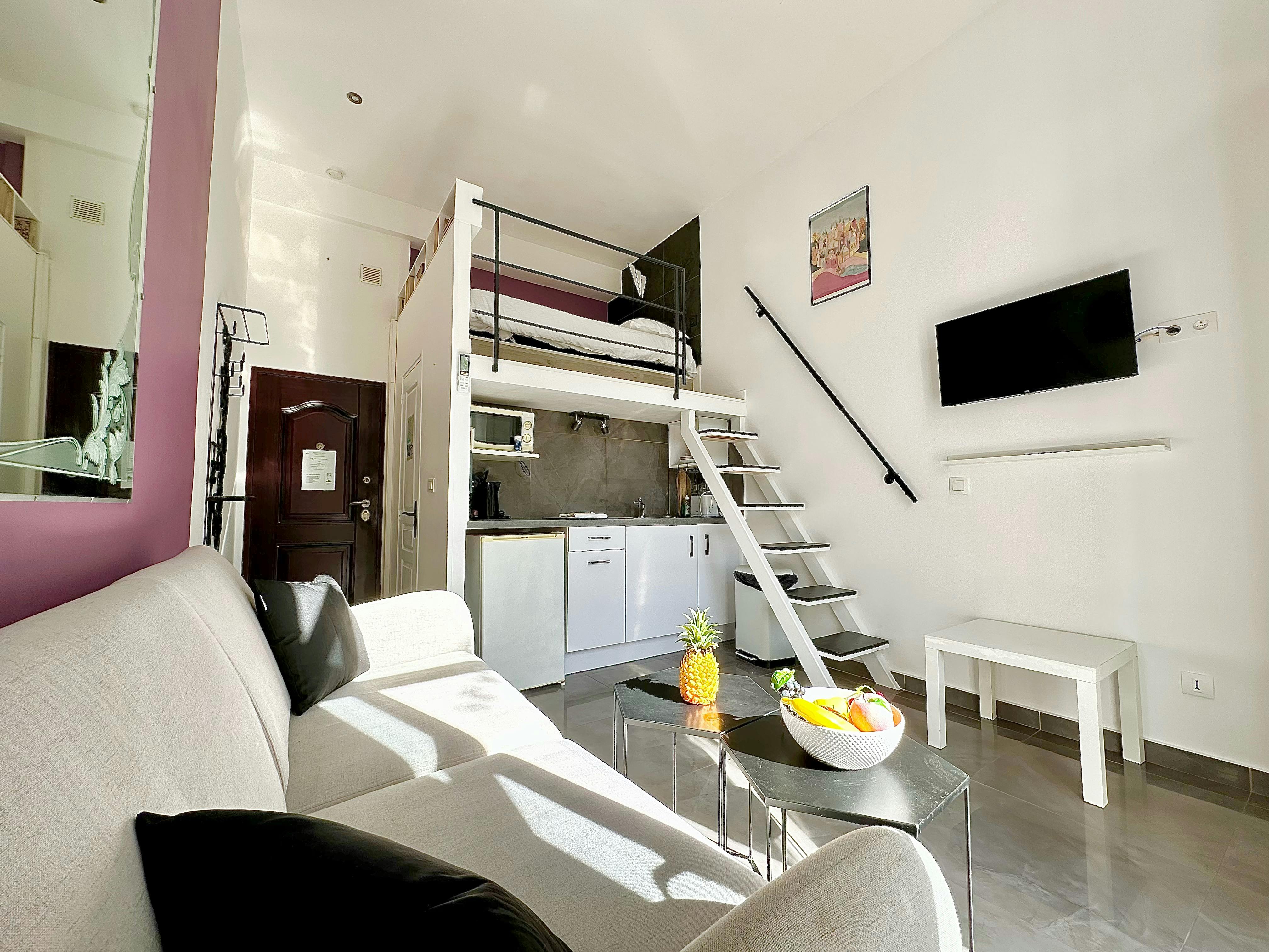 On the first floor of a period building, this elegant studio apartment with a...