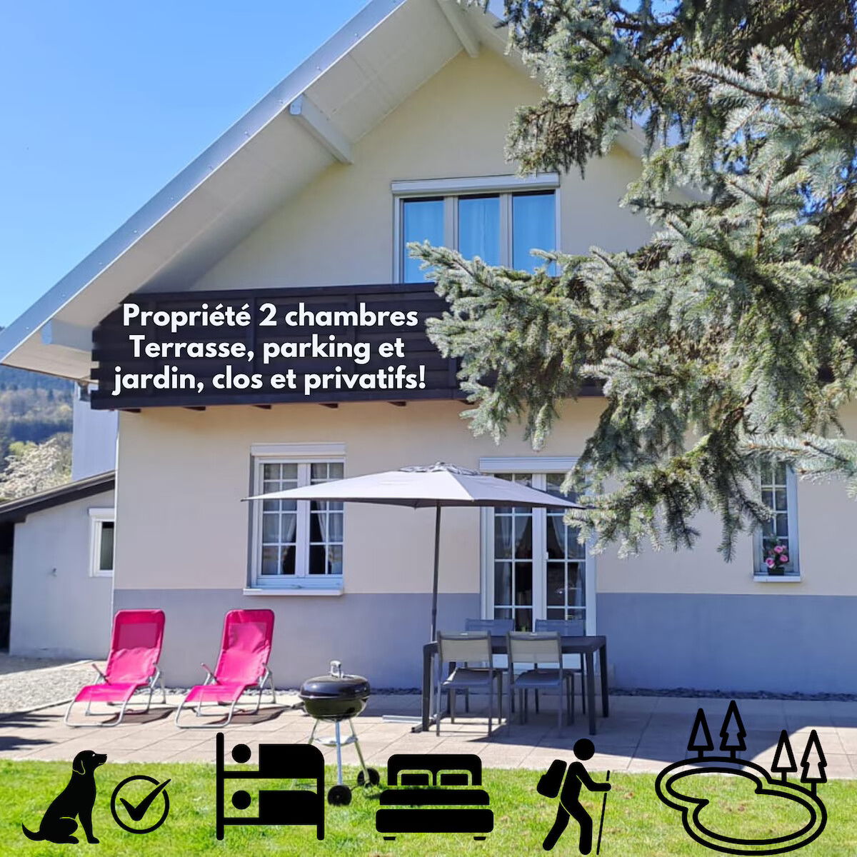Maison indépendante, pour 4 personnes, avec terrasses, jardin, et parking, clôturés et privatifs! BBQ, lave-linge, sèche-linge, lave-vaisselle... CHIENS ACCEPTES, randos de toutes sortes, lacs, visites Alsace et Territoire de Belfort, Vosges, ski...