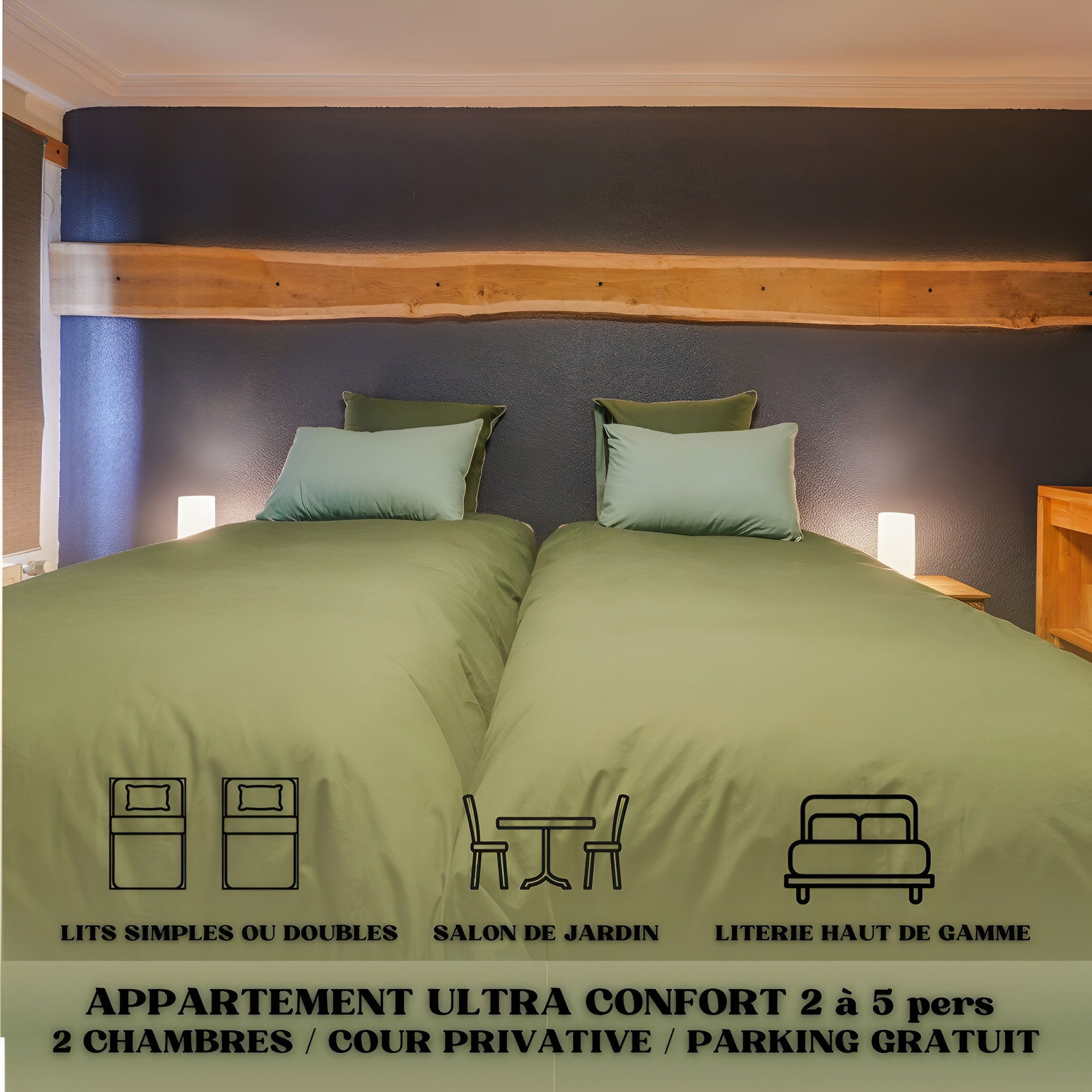 Un cocon de sérénité niché au dessus d'un institut de beauté, avec ses effluves relaxantes, idéal 2 à 5 personnes! Tout équipé! Lits simples ou doubles dans chaque chambre selon vos besoins, et convertible haut de gamme 1 personne dans le salon.