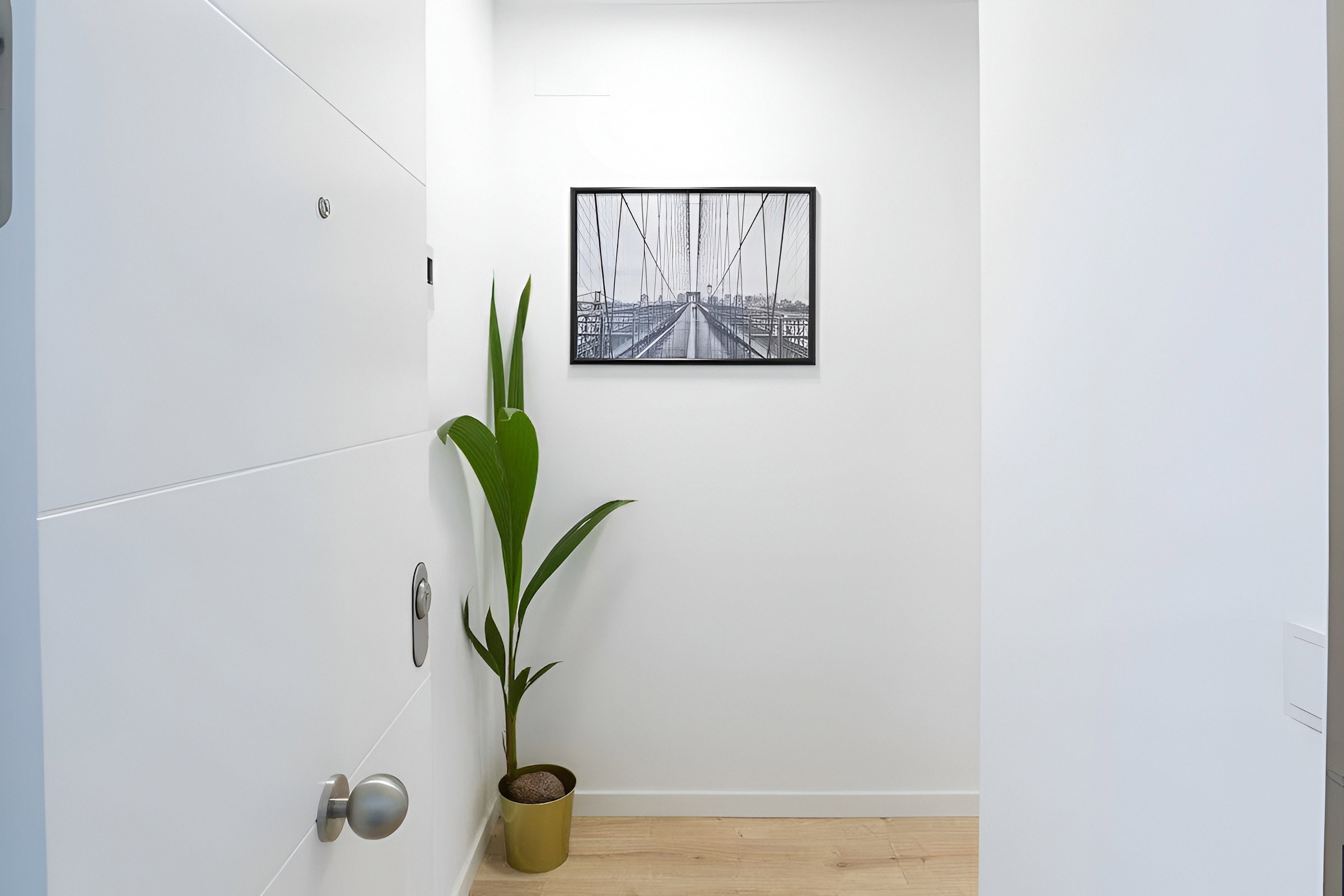 White hallway with decorations