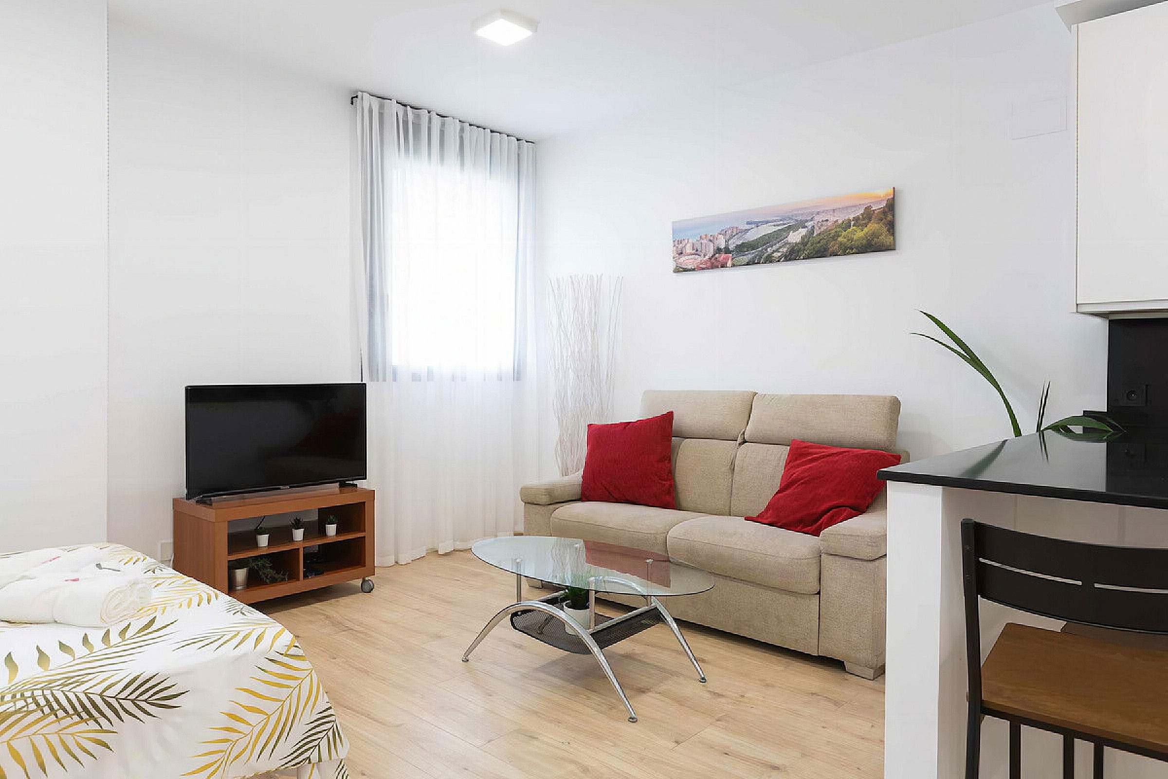 Salón con sofá, tv y cama