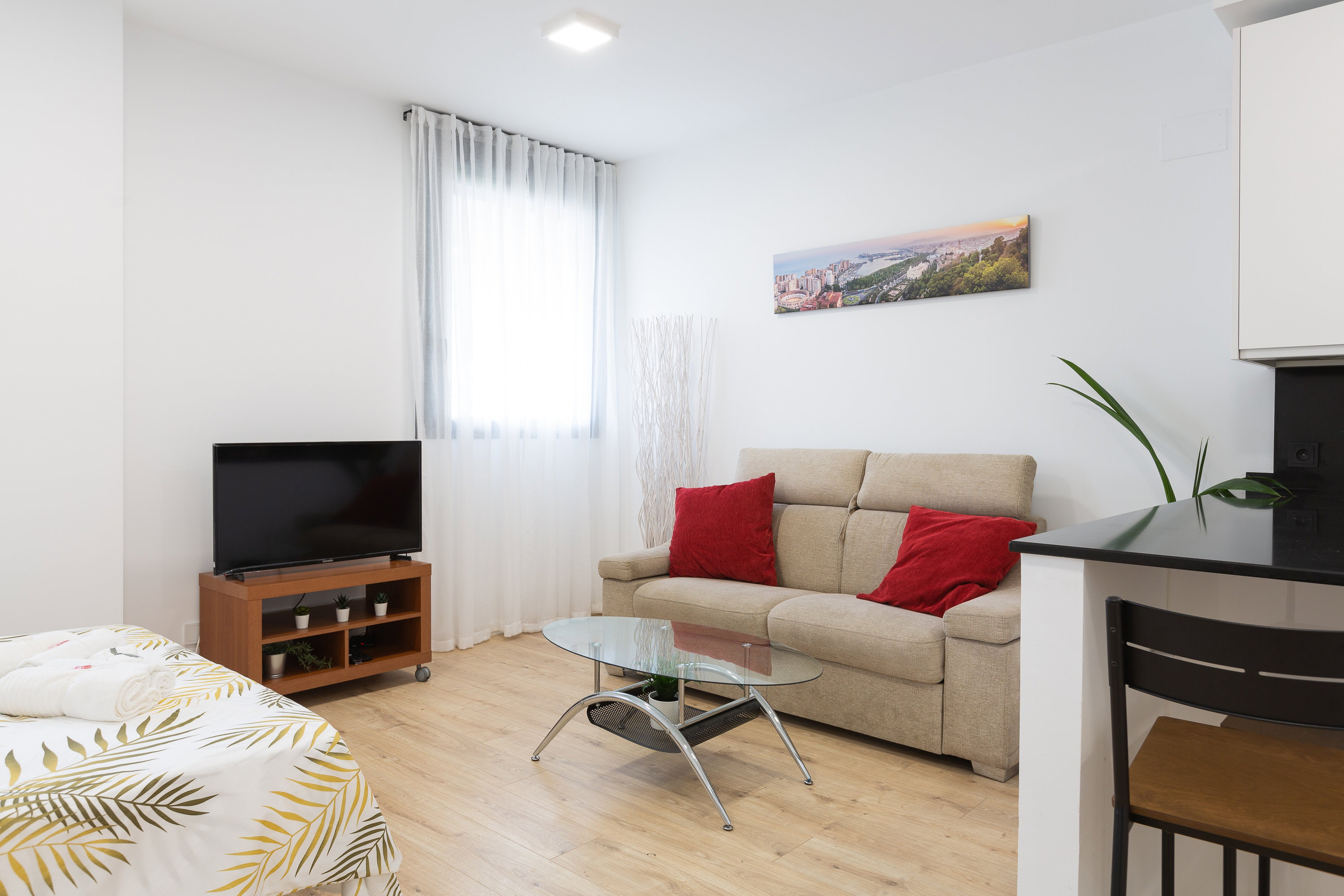 Living room. A double sofa, a coffee table, a small dresser with a TV on it. A window with a curtain.