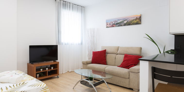 Living room. A double sofa, a coffee table, a small dresser with a TV on it. A window with a curtain.