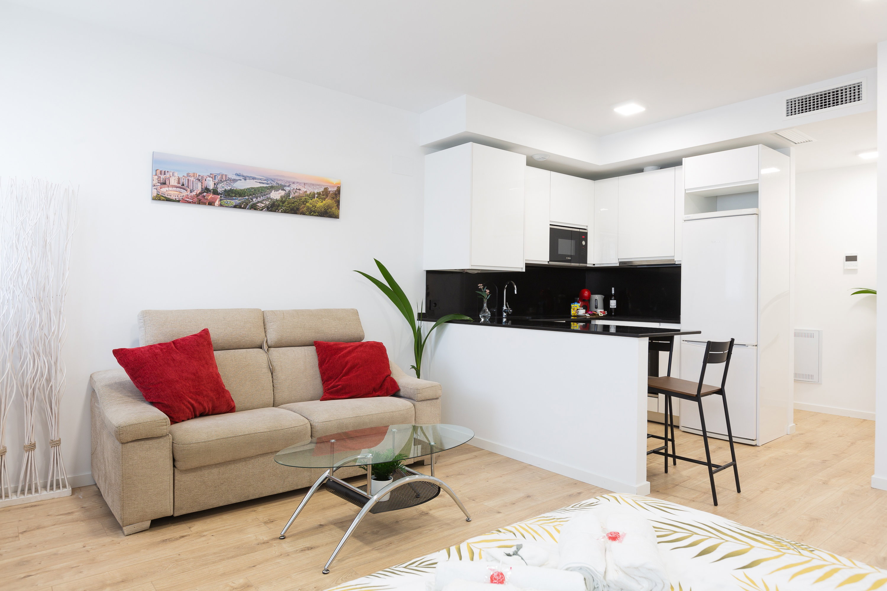 Living room with kitchen. Sofa with coffee table. Built-in kitchen with chair.