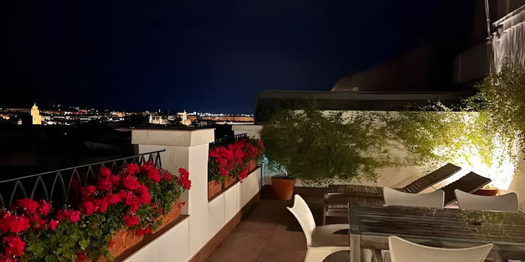 A beautiful terrace with an eyecatch floral design filled with comfortable deck chairs and perfect for spending time outside - patio furniture, from which you can admire the view from the balcony