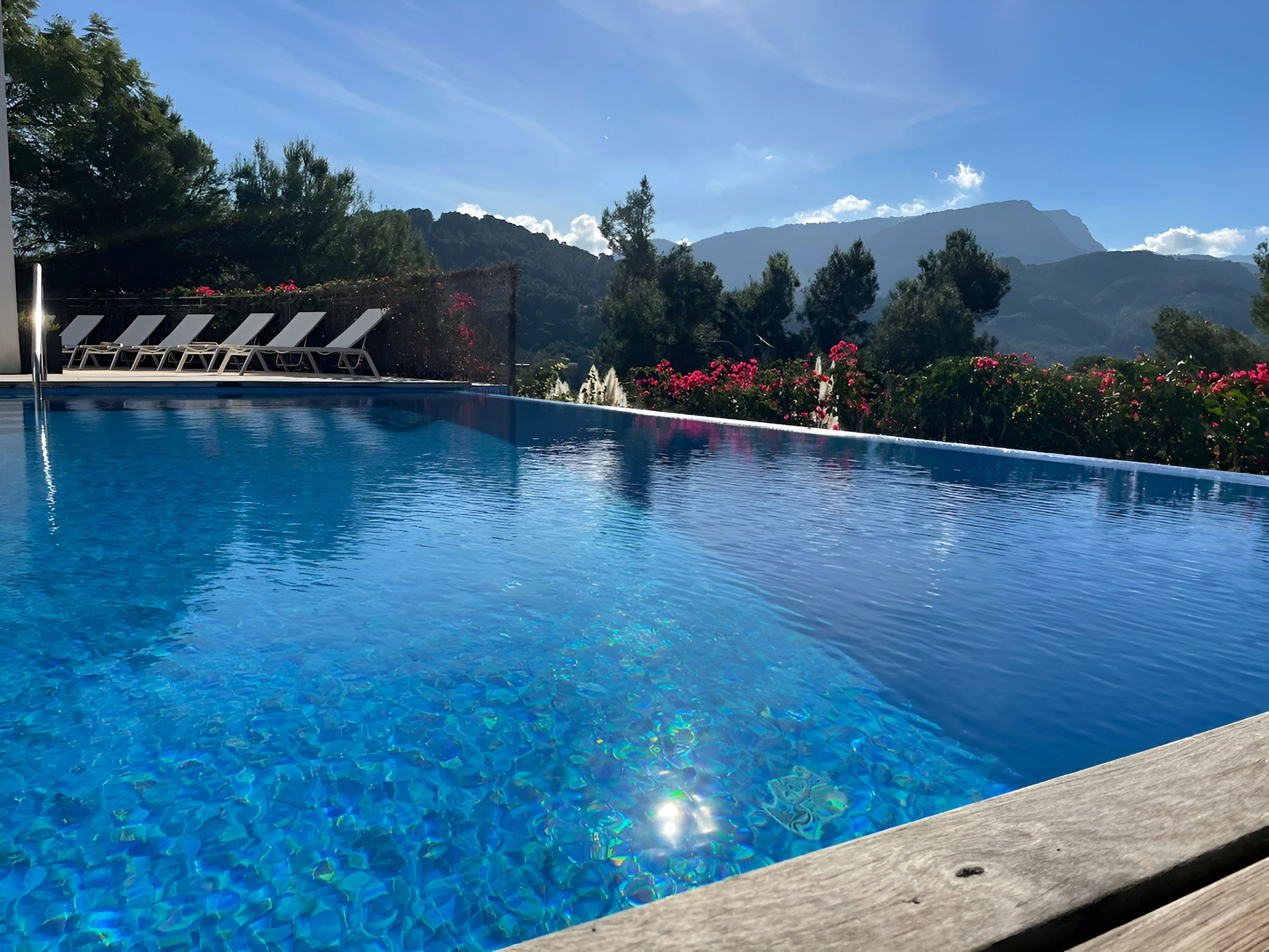 Large Private Pool salt water pool with sunbathing area surrounded by Private Garden